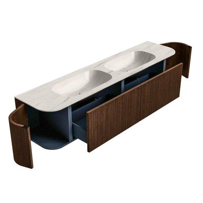 MONDIAZ KURVE-DLUX 190cm meuble de salle de bains arrondi Gauche + Droite couleur Walnut avec 2 tiroirs et 2 portes. Lavabo STOR SMALL Double 2 trous de robinet Meli.