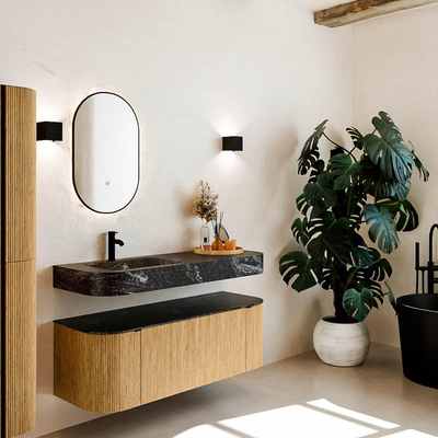 MONDIAZ THOR-DLUX 130cm meuble de salle de bains arrondi gauche + droite couleur Oak avec 1 tiroir et 2 portes. Vasque suspendue CLOUD Gauche 1 trou de robinet couleur Lava.