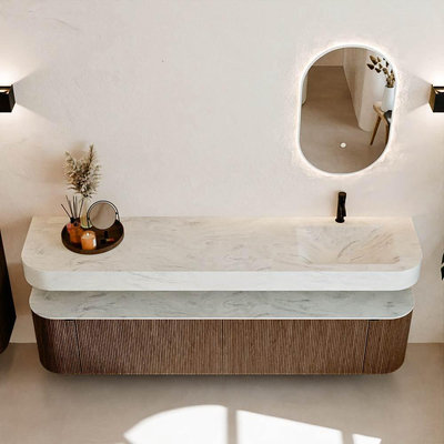 MONDIAZ THOR-DLUX Meuble de salle de bains - 200cm - arrondi gauche + droite - couleur Walnut - 2 tiroirs et 2 portes - Vasque suspendue CLOUD droite 1 trou de robinet - couleur Opalo