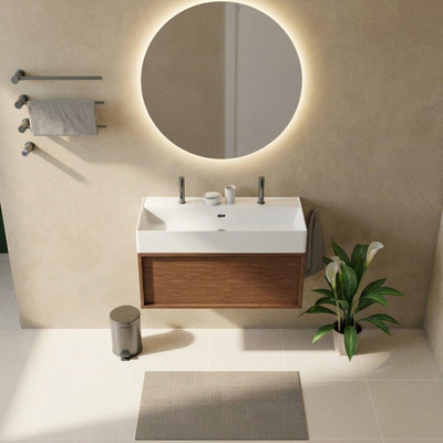 Saniclass Holz Frame Ensemble meuble de salle de bains - 100x45x52cm - Legend lavabo en céramique blanc - 1 vasque - 2 trous de robinet - 1 tiroir - mat walnut pure (bois)