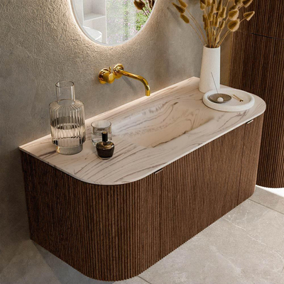 MONDIAZ KURVE-DLUX 100cm badmeubel ronding Links + Rechts kleur Walnut met 1 lade en 2 deuren. Wastafel GRUNNE Midden zonder kraangat Nata.