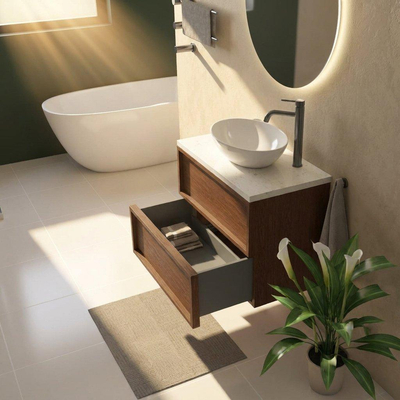 Saniclass Holz Frame Ensemble meuble de salle de bains - 80x45x63cm - Plan vasque en marbre Dia poli (blanc) - 1 trou de robinetterie - 2 tiroirs - walnut pure mat (bois)