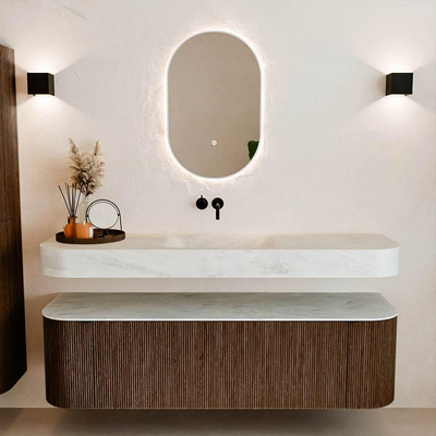 MONDIAZ THOR-DLUX 160cm meuble de salle de bains arrondi gauche + droite couleur Walnut avec 1 tiroir et 2 portes. Vasque suspendue CLOUD Milieu sans trou de robinet couleur Opalo.