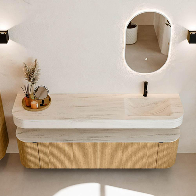 MONDIAZ THOR-DLUX 180cm badmeubel ronding links + rechts kleur Oak met 2 lades en 2 deuren. Vrijhangende wastafel CLOUD Rechts 1 kraangat kleur Meli.