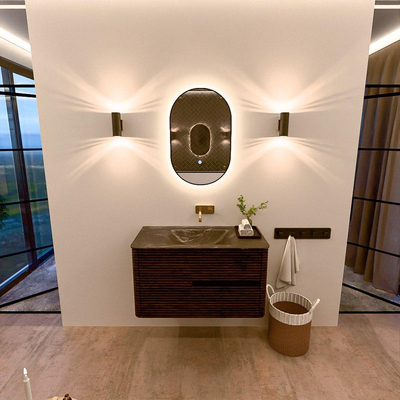 Mondiaz CIRO-DLUX Badkamermeubelset - 90x45x50cm - Solid surface wastafel Lava - 1 wasbak Midden - zonder kraangaten - 2 lades - Walnut