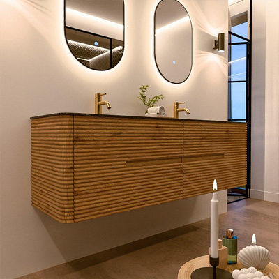 Mondiaz CIRO-DLUX Badkamermeubelset - 160x45x50cm - Solid surface wastafel Lava - 2 wasbak Dubbel - 2 kraangaten - 4 lades - Oak