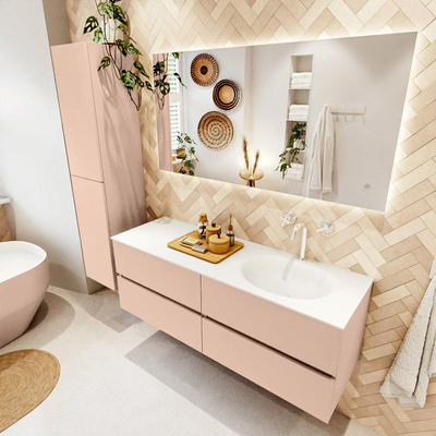 MONDIAZ VICA Ensemble meuble de salle de bains - 140cm - meuble sous-vasque rosee - 4 tiroirs - lavabo moon à droite - 1 trou de robinet - version haute 60cm - talc