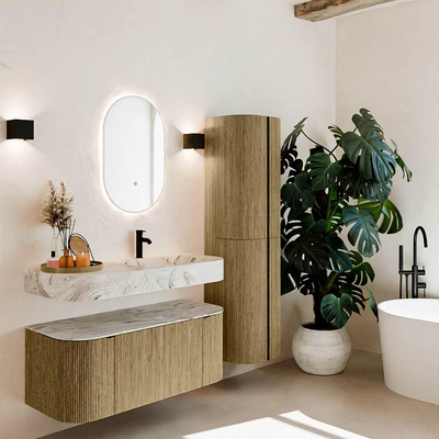 MONDIAZ THOR-DLUX Meuble de salle de bains 110cm arrondi gauche + droite couleur Dusk avec 1 tiroir et 2 portes. Vasque suspendue CLOUD Droite 1 trou de robinet couleur Glace.