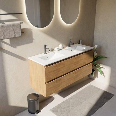 Saniclass Holz Pure Ensemble meuble de salle de bains - 140x45x62cm - lavabo Vygo en céramique blanc - 2 vasques - 2 trous de robinet - 4 tiroirs - chêne natural brillant (bois)