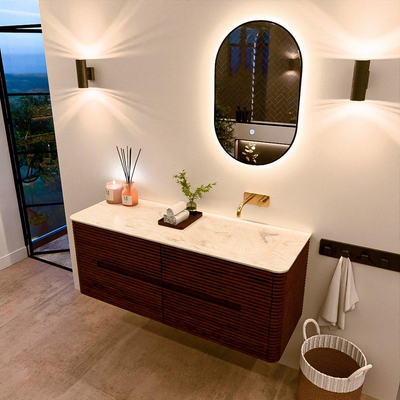 Mondiaz CIRO-DLUX Ensemble de meubles de salle de bains - 130x45x50cm - vasque Solid surface Ostra - 1 lavabo à droite - sans trous de robinet - 4 tiroirs - Ruby