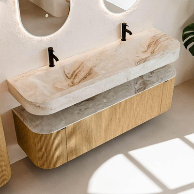 MONDIAZ THOR-DLUX 160cm meuble de salle de bains arrondi gauche + droite couleur Oak avec 1 tiroir et 2 portes. Vasque suspendue CLOUD Double 2 trous de robinet couleur Frappe.