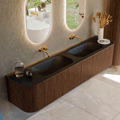 MONDIAZ KURVE Meuble de salle de bains 200 cm avec module 25 Len R couleur Walnut avec 2 tiroirs et 2 portes. Lavabo BIG SMALL double sans trou de robinet Urban.