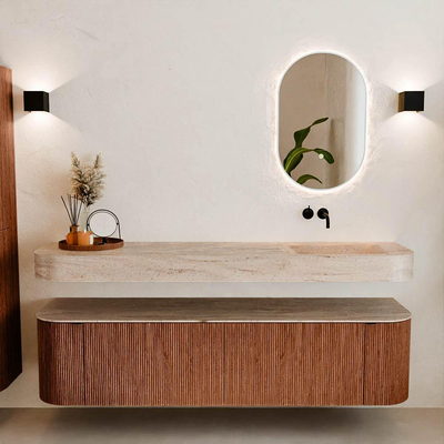 MONDIAZ THOR-DLUX 180cm meuble de salle de bains arrondi gauche + droite couleur Ruby avec 2 tiroirs et 2 portes. Vasque suspendue CLOUD Droite sans trou de robinet couleur Saba.