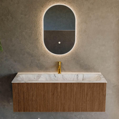 MONDIAZ KURVE-DLUX 120cm Meuble salle de bain - couleur Walnut - 1 tiroir - vasque BIG LARGE centre - 1 trou de robinet - couleur Glace