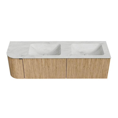 MONDIAZ KURVE-DLUX meuble de salle de bains 155cm avec module 25 L couleur chêne avec 2 tiroirs et 1 porte. Vasque LEAF double / droite sans trou de robinetterie couleur Opalo.
