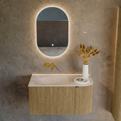 MONDIAZ KURVE-DLUX 85cm badmeubel ronding Rechts kleur Dusk met 1 lade en 1 deur. Wastafel CLOUD Links zonder kraangat Meli.