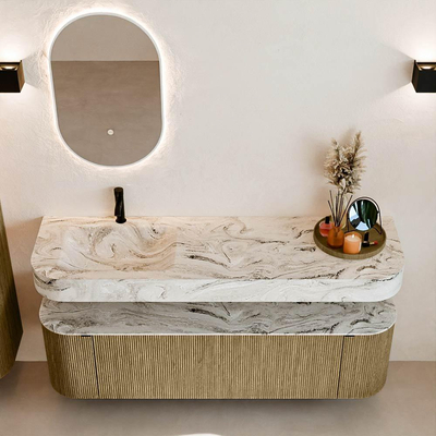 MONDIAZ THOR-DLUX 160cm meuble de salle de bains arrondi gauche + droite couleur Dusk avec 1 tiroir et 2 portes. Vasque suspendue CLOUD Gauche 1 trou de robinet couleur Glace.