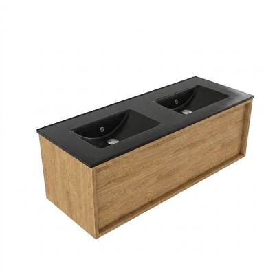 Saniclass Holz Frame Ensemble meuble de salle de bains - 120x45x42cm - Lavabo Vygo en céramique noir - 2 vasques - sans trous de robinetterie - 1 tiroir - chêne natural mat (bois)