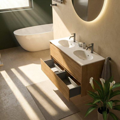 Saniclass Holz Pure Ensemble meuble de salle de bains - 120x45x74cm - Lavabo Chaci en céramique blanc - 2 vasques - 2 trous de robinetterie - 4 tiroirs - chêne natural mat (bois)