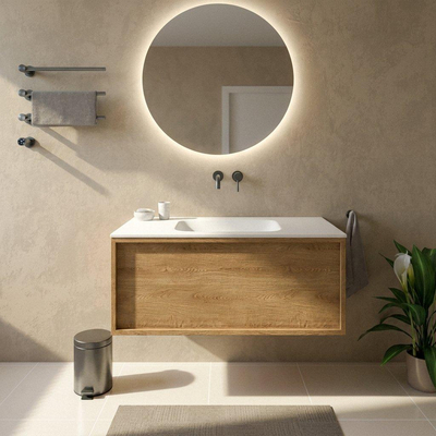 Saniclass Holz Frame Ensemble de meuble de salle de bains - 100x45x41.5cm - Flow lavabo en solid surface blanc - 1 vasque - sans trou de robinet - 1 tiroir - chêne natural mat (bois)