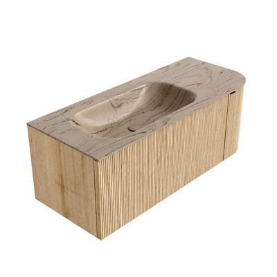 MONDIAZ KURVE-DLUX 115cm badmeubel ronding Rechts kleur Oak met 1 lade en 1 deur. Wastafel BIG SMALL Links zonder kraangat Arena.