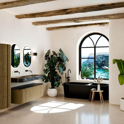 MONDIAZ THOR-DLUX 140cm meuble de salle de bains arrondi gauche + droite couleur Dusk avec 1 tiroir et 2 portes. Vasque suspendue CLOUD Double sans trou de robinet couleur Lava.