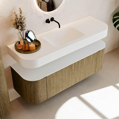 MONDIAZ THOR 140cm meuble de salle de bains arrondi gauche + droite couleur Dusk avec 1 tiroir et 2 portes. Vasque suspendue CLOUD Milieu sans trou de robinet couleur Talc.