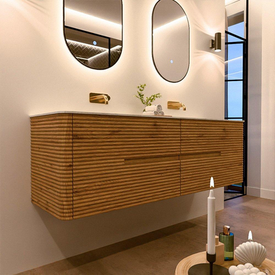 Mondiaz CIRO-DLUX Meuble de salle de bains - 160x45x50cm - Plan-vasque en solid surface Opalo - 2 bacs Double - sans trous de robinetterie - 4 tiroirs - Chêne