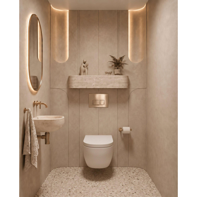QeramiQ Dely Swirl Toiletset - 36.3x51.7cm - diepspoel - rimless - Geberit UP720 Duofix Sigma inbouwreservoir - 35mm zitting - geborsteld messing bedieningsplaat - rechtehoekige knoppen - mat wit