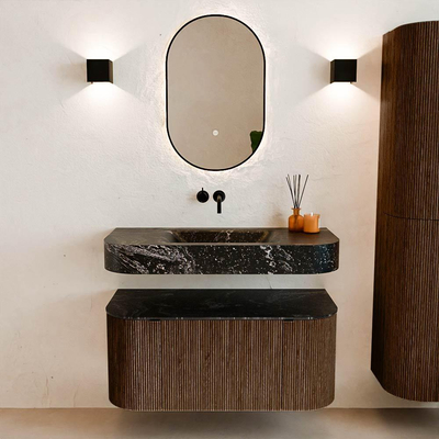 MONDIAZ THOR-DLUX 100cm badmeubel ronding links + rechts kleur Walnut met 1 lade en 2 deuren. Vrijhangende wastafel CLOUD Midden zonder kraangat kleur Lava.