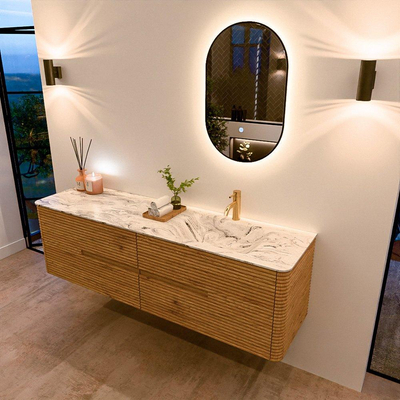 Mondiaz CIRO-DLUX Badkamermeubelset - 170x45x50cm - Solid surface wastafel Glace - 1 wasbak Rechts - 1 kraangat - 4 lades - Oak
