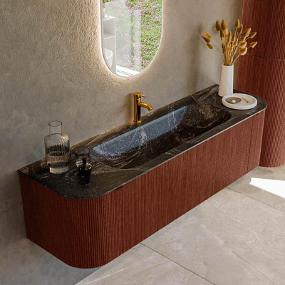 Mondiaz KURVE-DLUX Ensemble de meuble - 160x46x40cm - 1 tiroir - 2 portes - lavabo en solid surface - milieu - 1 trou de robinet - Ruby
