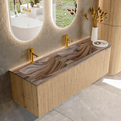 MONDIAZ KURVE-DLUX 145cm badmeubel ronding Rechts kleur Oak met 1 lade en 1 deur. Wastafel LEAF Dubbel / Links 2 kraangaten Sombra.