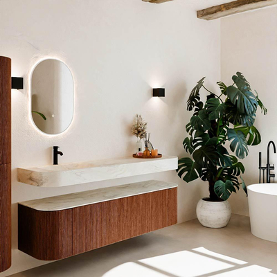 MONDIAZ THOR-DLUX 170cm meuble de salle de bains arrondi gauche + droite couleur Ruby avec 1 tiroir et 2 portes. Vasque suspendue CLOUD Gauche 1 trou de robinet couleur Ostra.