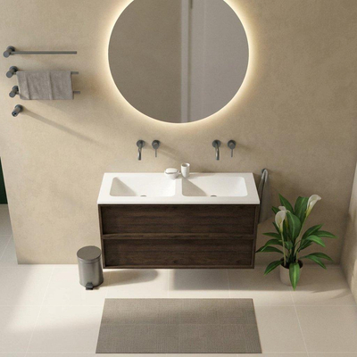 Saniclass Holz Frame Ensemble meuble de salle de bains - 120x45x77.5cm - vasque Torino en solid surface blanche - sans trou de robinetterie - 2 tiroirs - chêne charcoal mat (bois)