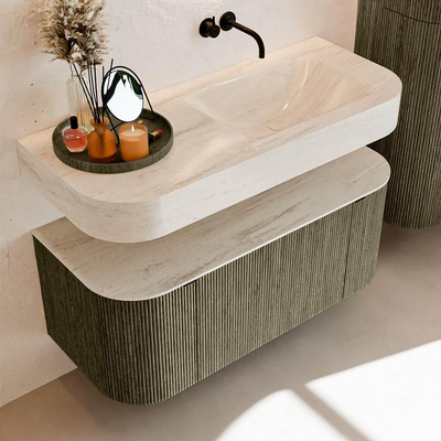 MONDIAZ THOR-DLUX 110cm meuble de salle de bains arrondi gauche + droite couleur Shadow avec 1 tiroir et 2 portes. Vasque suspendue CLOUD Droite sans trou de robinet couleur Meli.