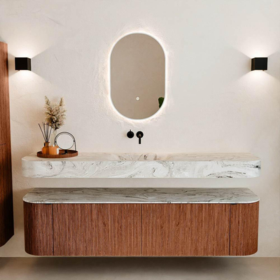 MONDIAZ THOR-DLUX 180cm meuble de salle de bains arrondi gauche + droite couleur Ruby avec 2 tiroirs et 2 portes. Vasque suspendue CLOUD Centre sans trou de robinet couleur Glace.