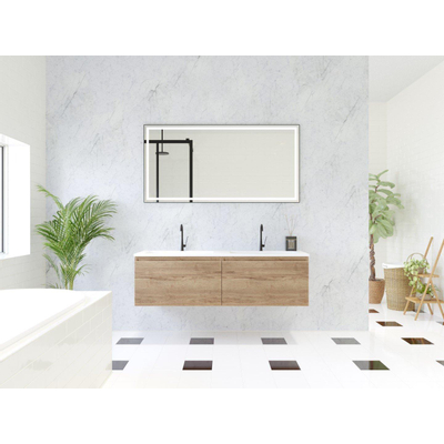 HR Matrix ensemble meuble de salle de bain 3d 140cm 2 tiroirs sans poignée avec bandeau couleur chêne français avec vasque fine 2 trous de robinetterie blanc mat