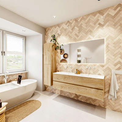 MONDIAZ VICA 150cm badmeubel onderkast Washed Oak 2 lades. Wastafel CLOUD dubbel zonder kraangat, kleur Talc.