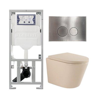 QeramiQ Dely Toiletset - 36.3x51.7cm - diepspoel - rimless - Geberit UP320 inbouwreservoir - softclose toilet zitting 35 mm - steel bedieningsplaat - ronde knoppen - mat beige