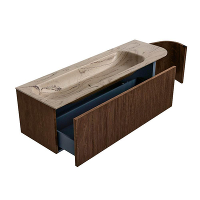 MONDIAZ KURVE-DLUX 145cm badmeubel ronding Rechts kleur Walnut met 1 lade en 1 deur. Wastafel BIG LARGE Links 2 kraangaten Arena.