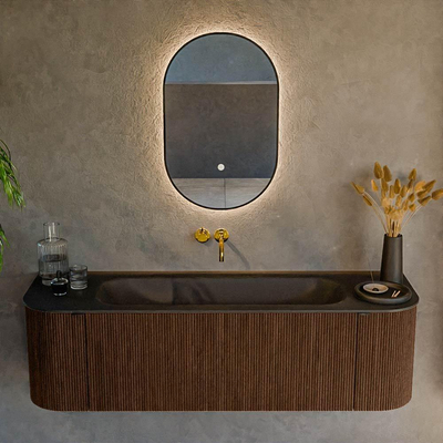 MONDIAZ KURVE 150cm badmeubel met module 25 Len R kleur Walnut met 1 lade en 2 deuren. Wastafel BIG MEDIUM midden zonder kraangat Urban.
