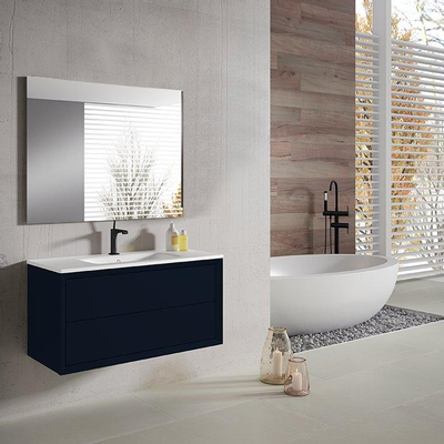 Adema Prime Core Ensemble de meuble - 100x50x45cm - 1 vasque rectangulaire en céramique Blanc - 1 trous de robinet - 2 tiroirs - avec miroir rectangulaire - Bleu marine mat