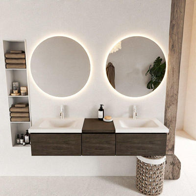 Mondiaz bukla ensemble de meubles de salle de bain 160x45x34cm 2 robinets 2 lavabos surface solide talc sans poignée 3 tiroirs avec softclose mélamine marron foncé