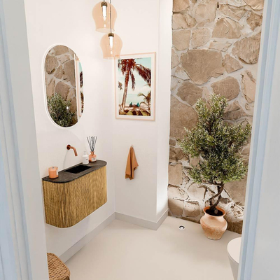 Mondiaz JOYA-DLUX 63.2cm toiletmeubel - ronding links en rechts kleur Oak - Wastafel FAYE positie Midden Zonder kraangat kleur Lava.