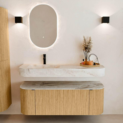 MONDIAZ THOR-DLUX 130cm meuble de salle de bains arrondi gauche + droite couleur Oak avec 1 tiroir et 2 portes. Vasque suspendue CLOUD Gauche 1 trou de robinet couleur Frappe.