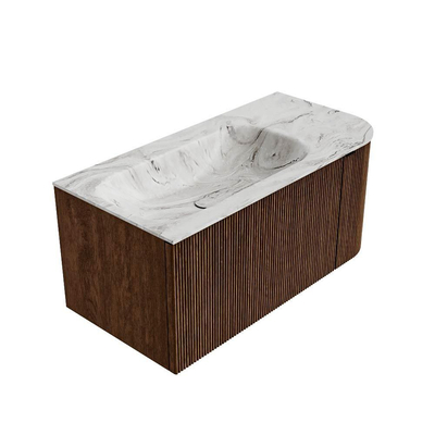 MONDIAZ KURVE-DLUX 95cm badmeubel met module 25 R kleur Walnut met 1 lade en 1 deur. Wastafel BIG SMALL links zonder kraangat kleur Glace.