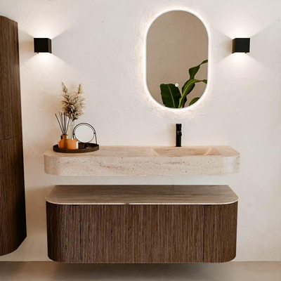 MONDIAZ THOR-DLUX 130cm badmeubel ronding links + rechts kleur Walnut met 1 lade en 2 deuren. Vrijhangende wastafel CLOUD Rechts 1 kraangat kleur Saba.