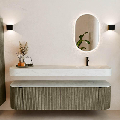 MONDIAZ THOR-DLUX 180cm meuble de salle de bains arrondi gauche + droite couleur Shadow avec 2 tiroirs et 2 portes. Vasque suspendue CLOUD Droite 1 trou de robinet couleur Opalo.