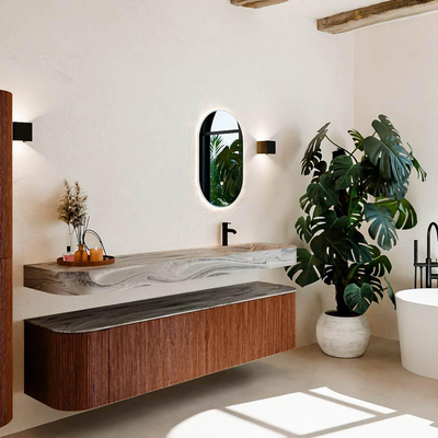 MONDIAZ THOR-DLUX 190cm meuble de salle de bains arrondi gauche + droite couleur Ruby avec 2 tiroirs et 2 portes. Vasque suspendue CLOUD Droite 1 trou de robinet couleur Sombra.